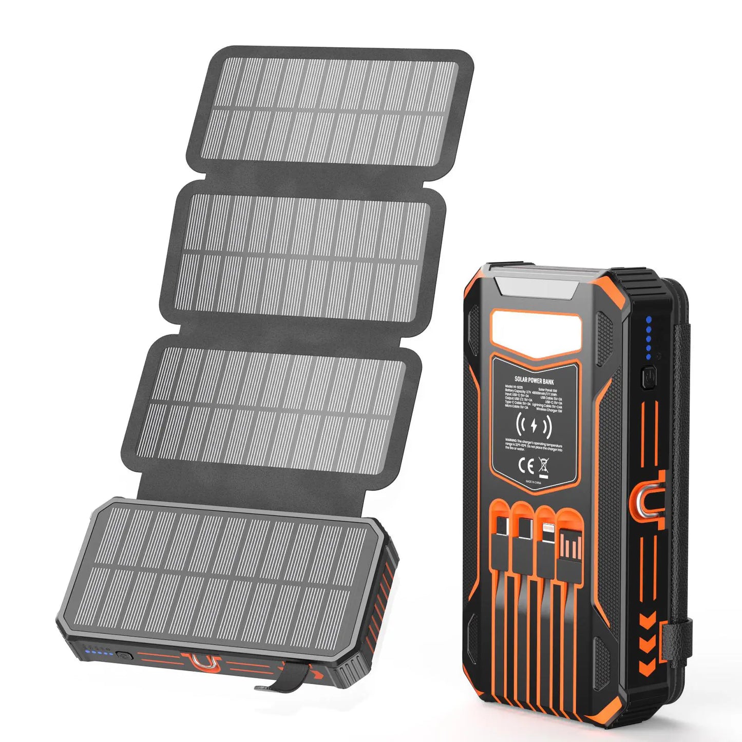 48000mAh Solar Power Bank with Wireless Charging, 4 Built In Cables & LED Flashlight