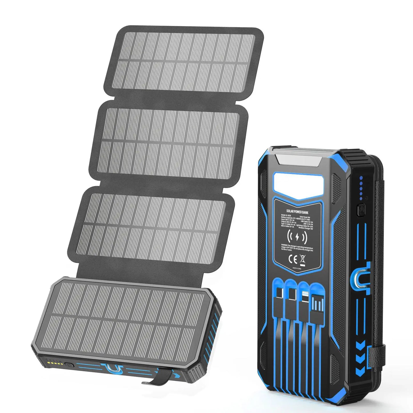 48000mAh Solar Power Bank with Wireless Charging, 4 Built In Cables & LED Flashlight
