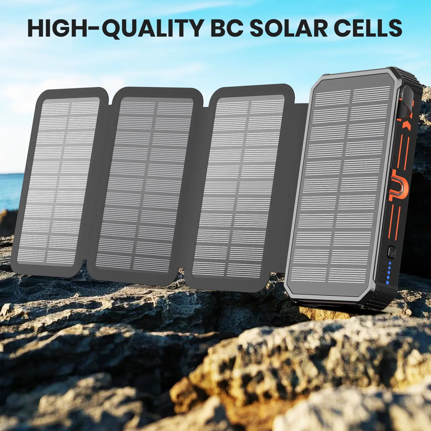 48000mAh Solar Power Bank with Wireless Charging, 4 Built In Cables & LED Flashlight