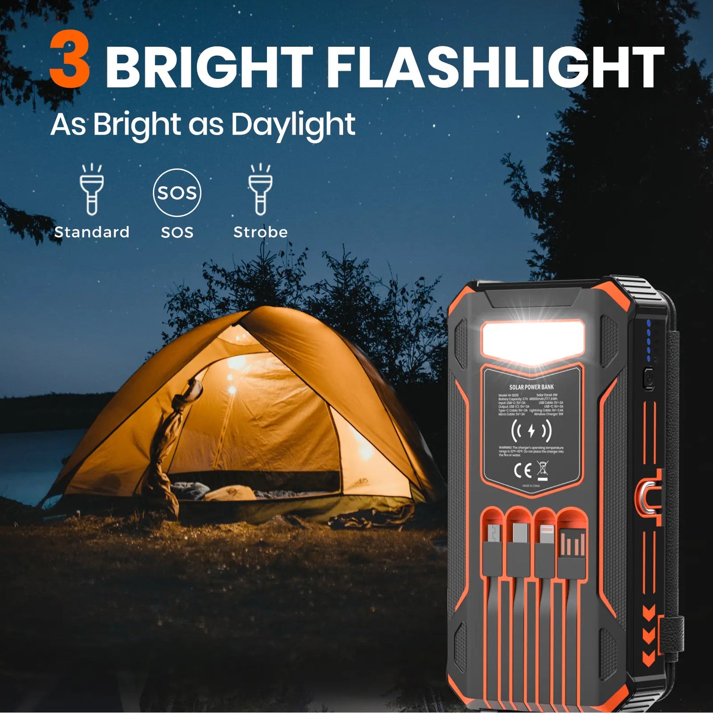 48000mAh Solar Power Bank with Wireless Charging, 4 Built In Cables & LED Flashlight