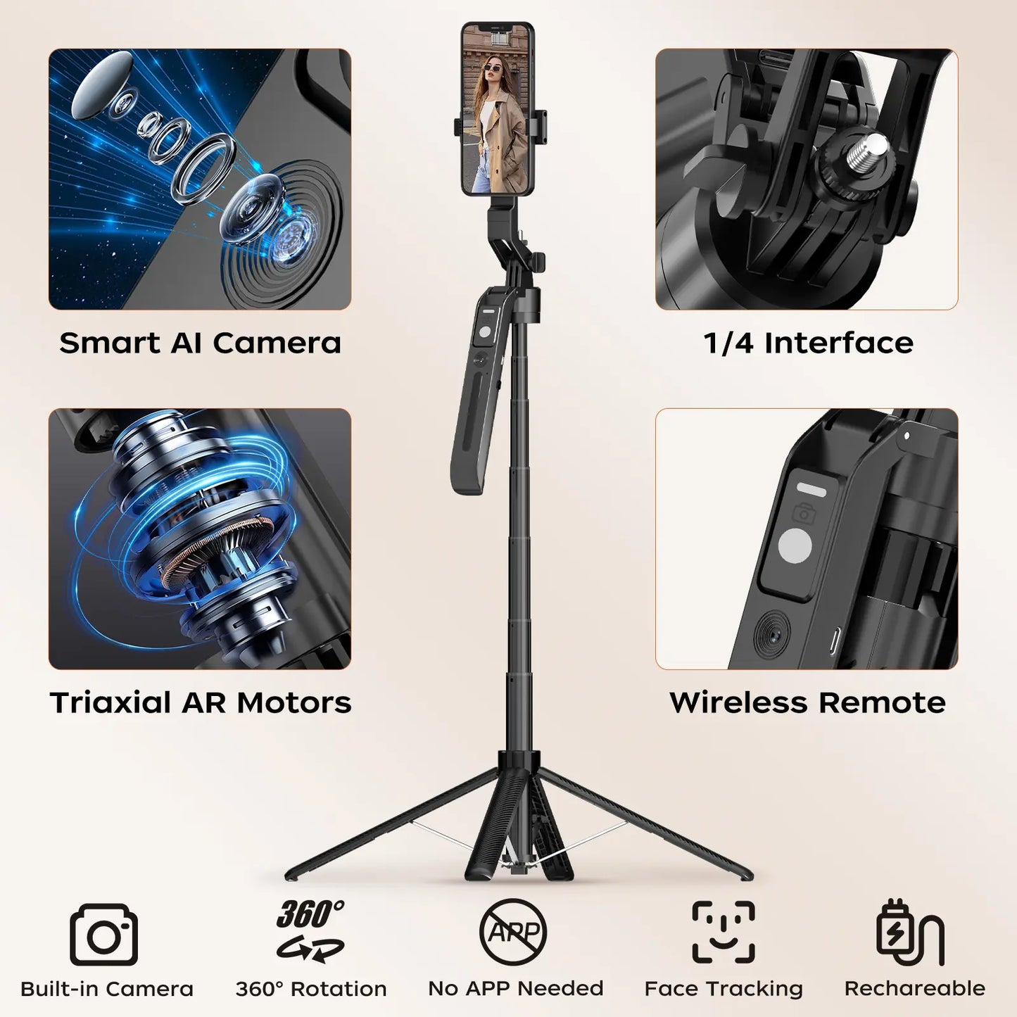 AI Face Tracking Phone Tripod with 360° Rotation, Remote Control & Extendable Selfie Stick