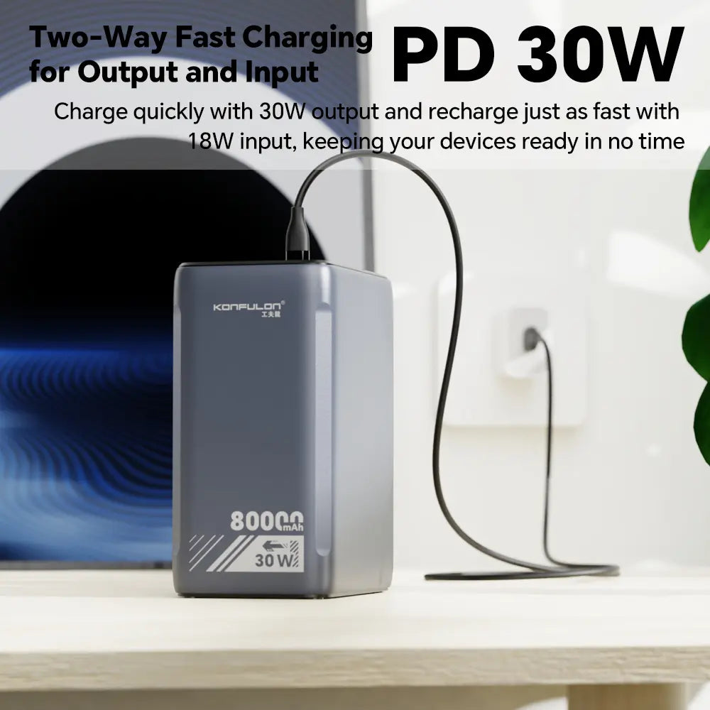 80000mAh Portable Power Bank with 30W Fast Charging, LCD Display & LED SOS Light