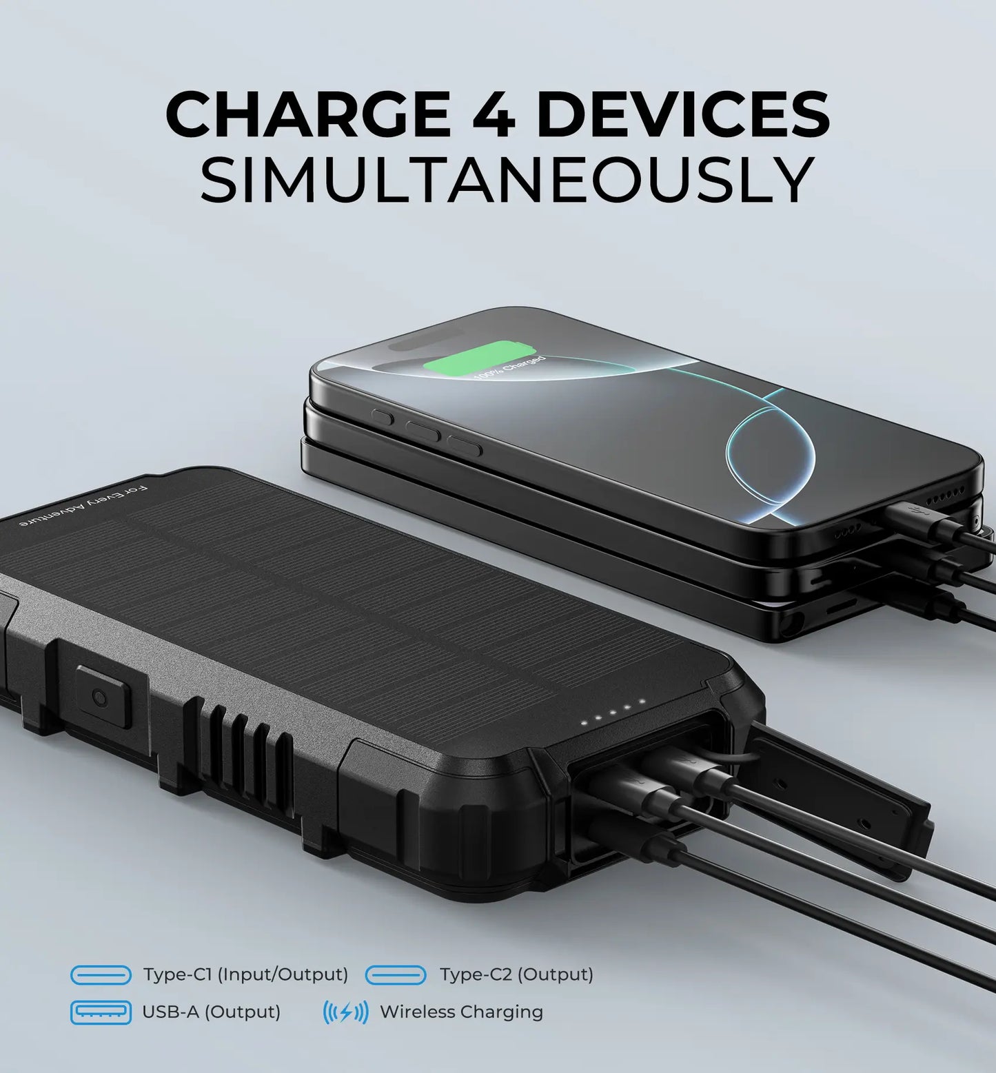 27000mAh Solar Power Bank with Fast Charging, Wireless Charger, LED Flashlight & 3 Ports