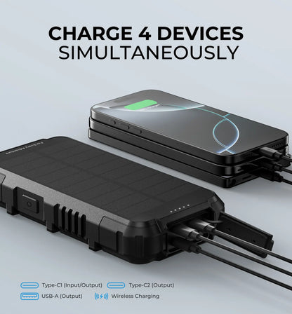 27000mAh Solar Power Bank with Fast Charging, Wireless Charger, LED Flashlight & 3 Ports