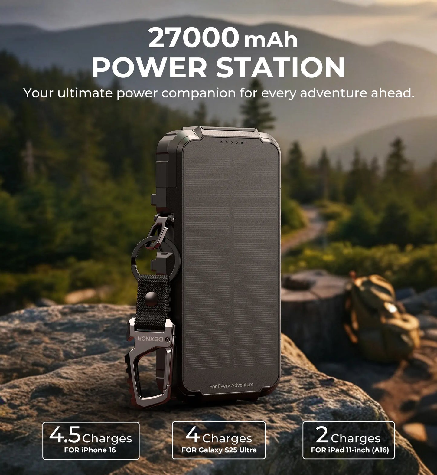 27000mAh Solar Power Bank with Fast Charging, Wireless Charger, LED Flashlight & 3 Ports