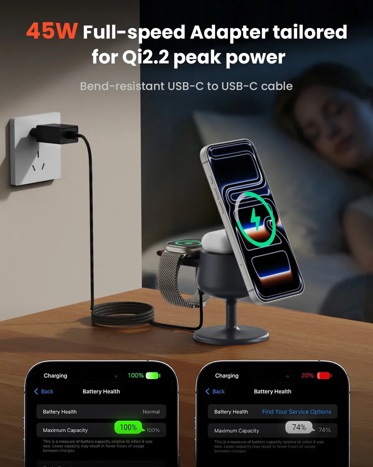 Foldable 3 in 1 Wireless Charging Station with MagSafe Compatible Design & 45W Adapter