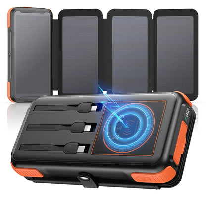 48000mAh Solar Power Bank with Wireless Charging, 4 Built In Cables & LED Flashlight