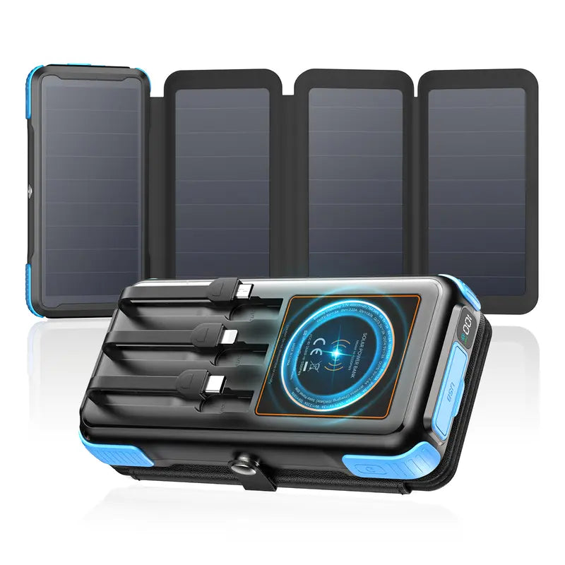 48000mAh Solar Power Bank with Wireless Charging, 4 Built In Cables & LED Flashlight