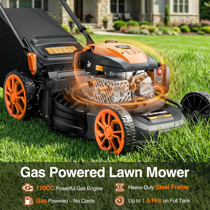 21” Self Propelled Gas Lawn Mower with 4 in 1 Cutting System, 170CC Engine & Foldable Design