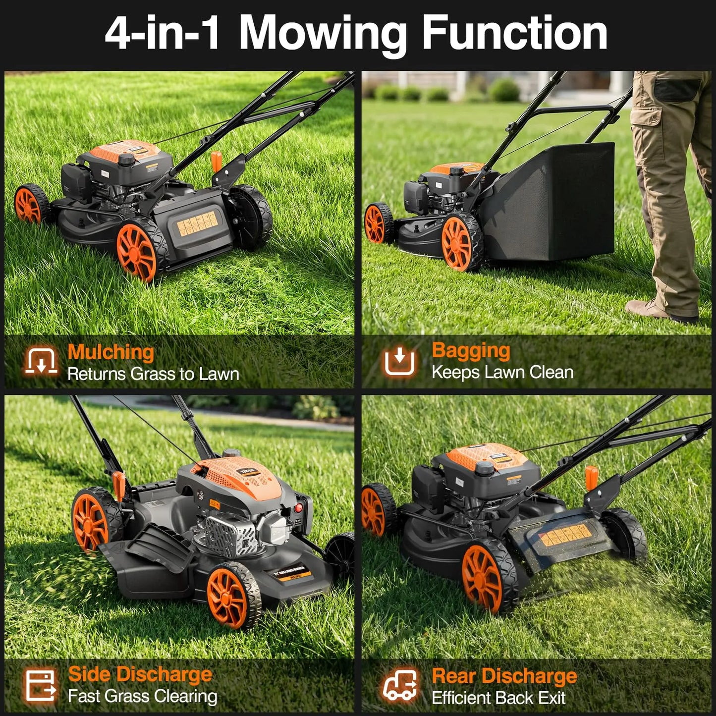 21” Self Propelled Gas Lawn Mower with 4 in 1 Cutting System, 170CC Engine & Foldable Design